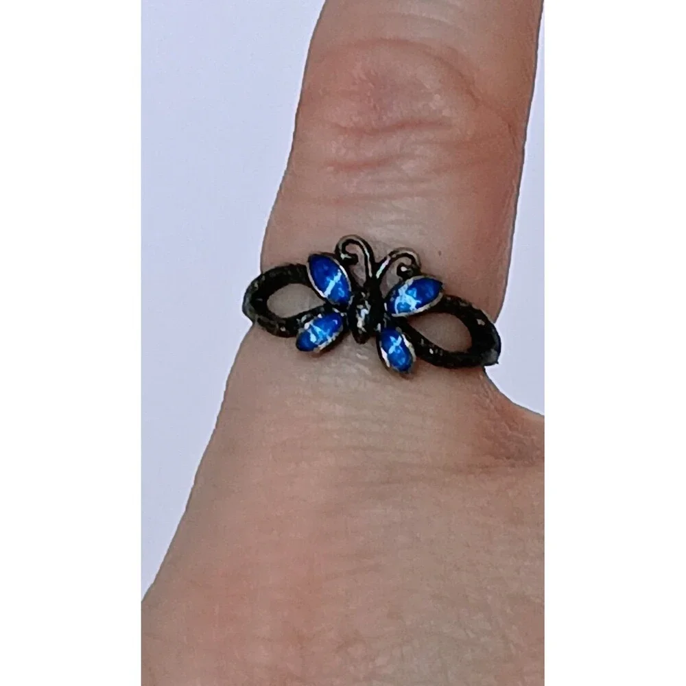 Vintage Nevada Silver Mine 925 Sterling Silver Blue Butterfly Ring Sz 4.5 Adjust
